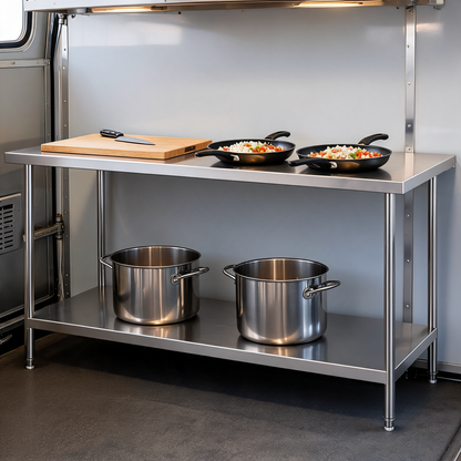 Mesa de trabajo de acero inoxidable instalada en un food trailer