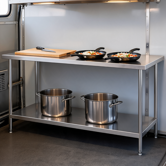 Mesa de trabajo de acero inoxidable instalada en un food trailer