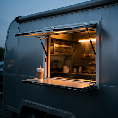 Ventana de servicio con repisa abatible en un food trailer