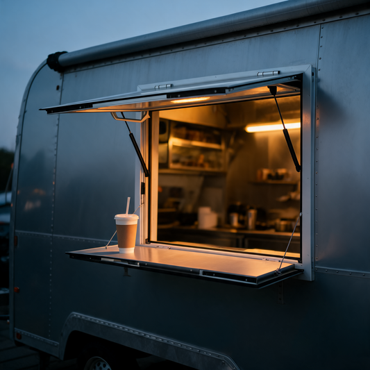 Ventana de servicio con repisa abatible en un food trailer