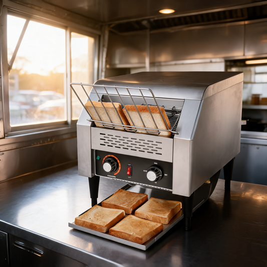 Tostador de banda comercial en un food trailer