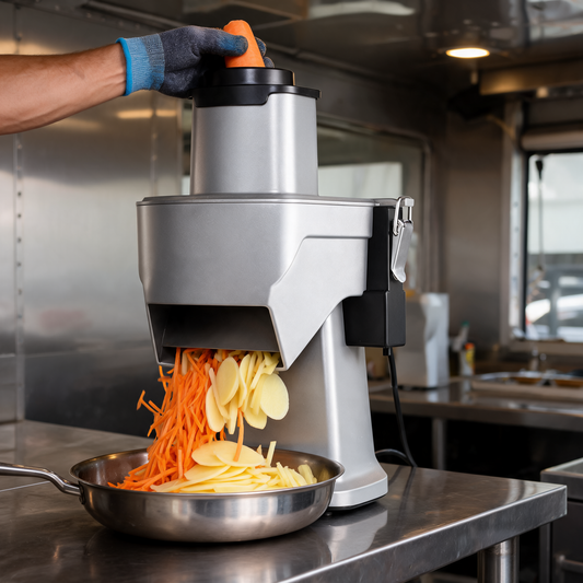 Rebanadora Electrica de Verduras 4 en 1 en uso dentro de un food trailer