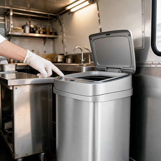 Bote de basura con sensor en un food trailer