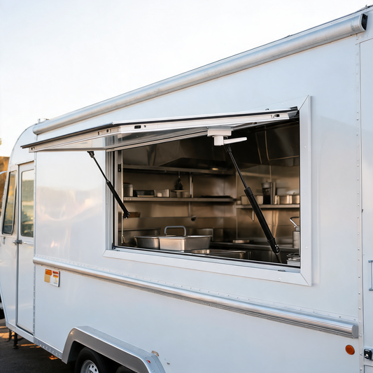 Ventana de servicio compacta con puerta toldo en un food trailer