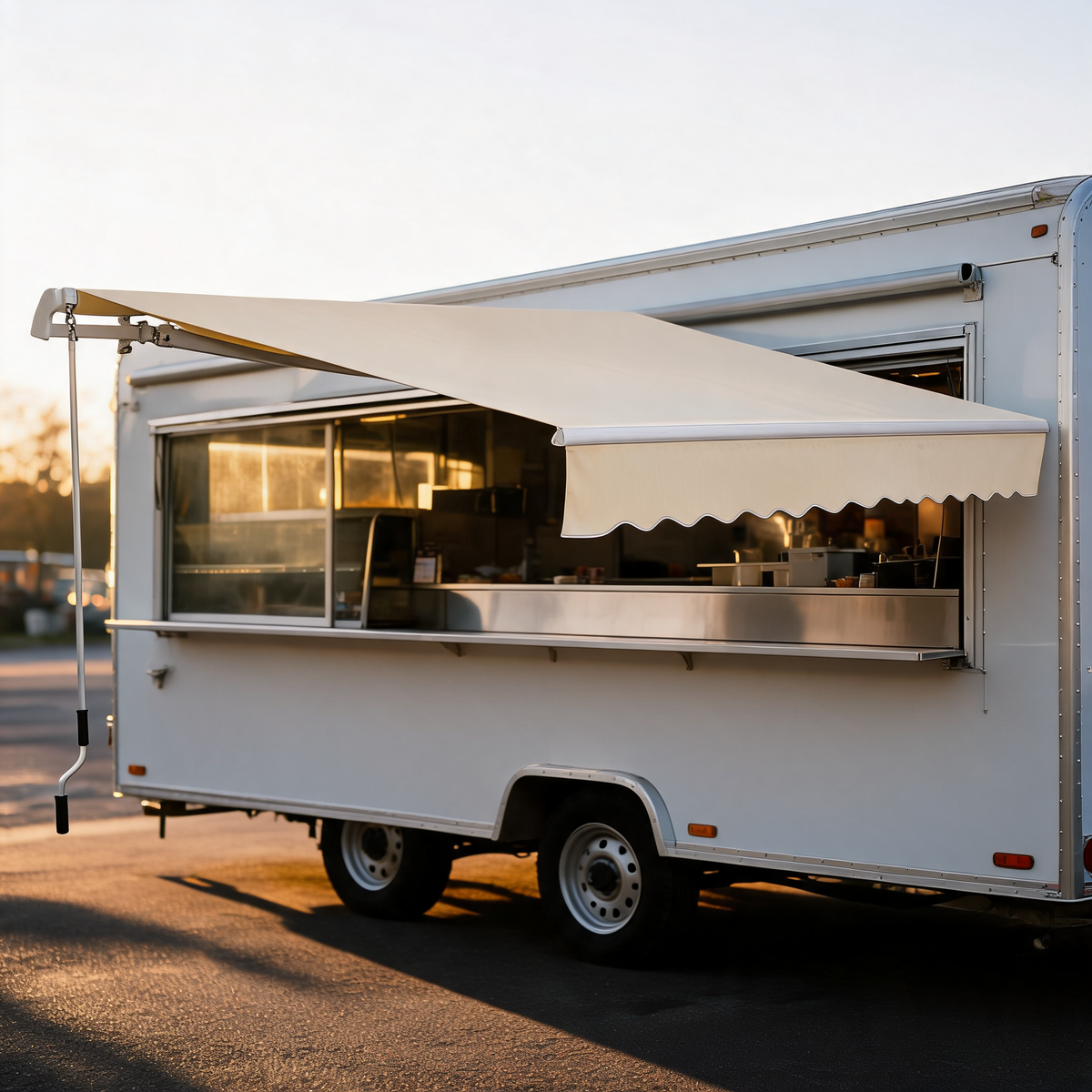 Toldo retractil blanco crema extendido en un food trailer