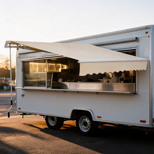 Toldo retractil blanco crema extendido en un food trailer