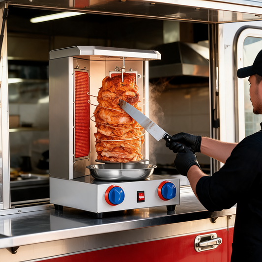 Máquina de shawarma y al pastor a gas instalada en la barra de un food trailer