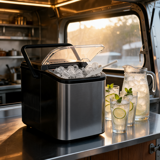 Máquina de hielo de mostrador sobre la barra de acero de un food trailer