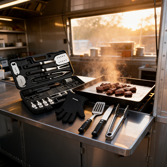 Juego de utensilios de parrilla junto a la plancha de un food trailer