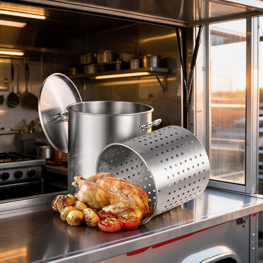Olla comercial de acero inoxidable de 54 L en la cocina de un food trailer