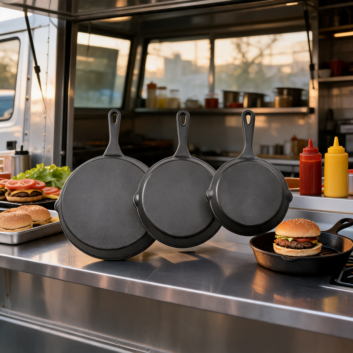 Juego de sartenes de hierro fundido en la cocina de un food trailer