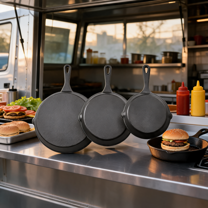 Juego de sartenes de hierro fundido en la cocina de un food trailer