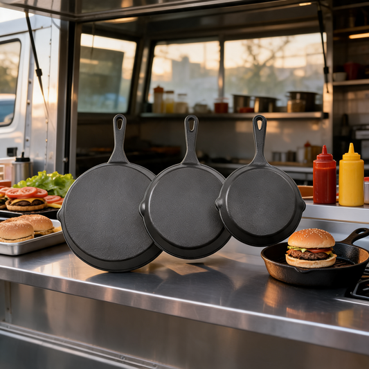 Juego de sartenes de hierro fundido en la cocina de un food trailer