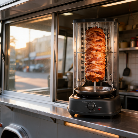 Maquina de shawarma y al pastor electrica en un food trailer