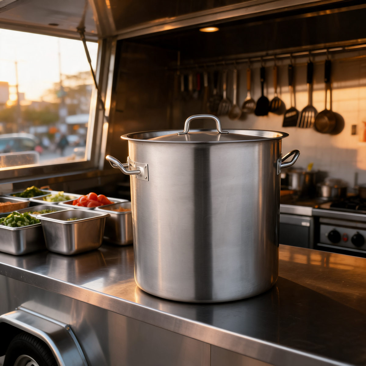 Olla comercial de 42 cuartos en la cocina de un food trailer