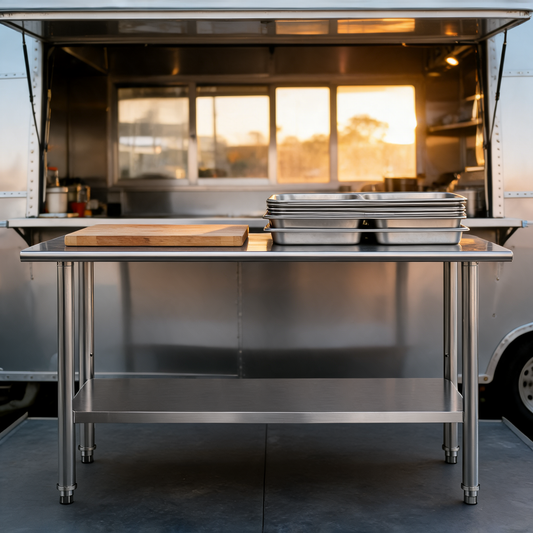 Mesa de trabajo de acero inoxidable en la cocina de un food trailer