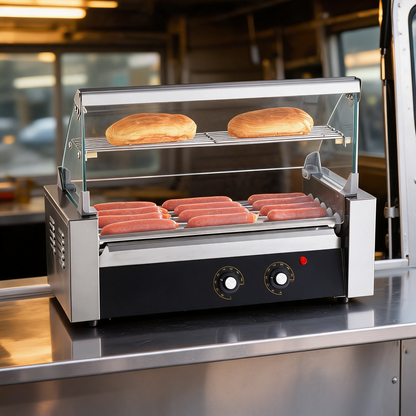 Rodillo para hot dogs en la barra de un food trailer