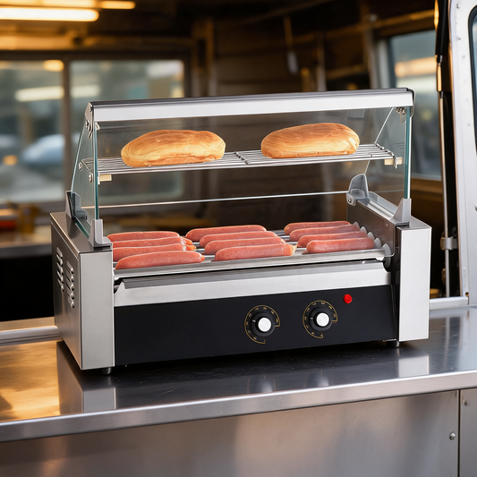 Rodillo para hot dogs en la barra de un food trailer