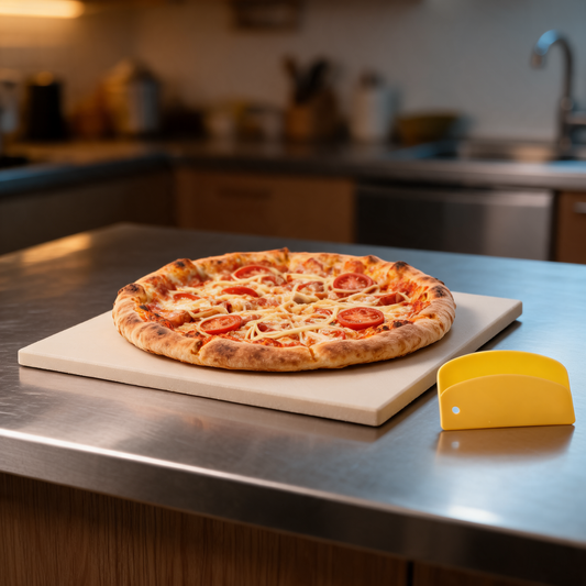 Piedra para pizza con pizza recien horneada en un food trailer