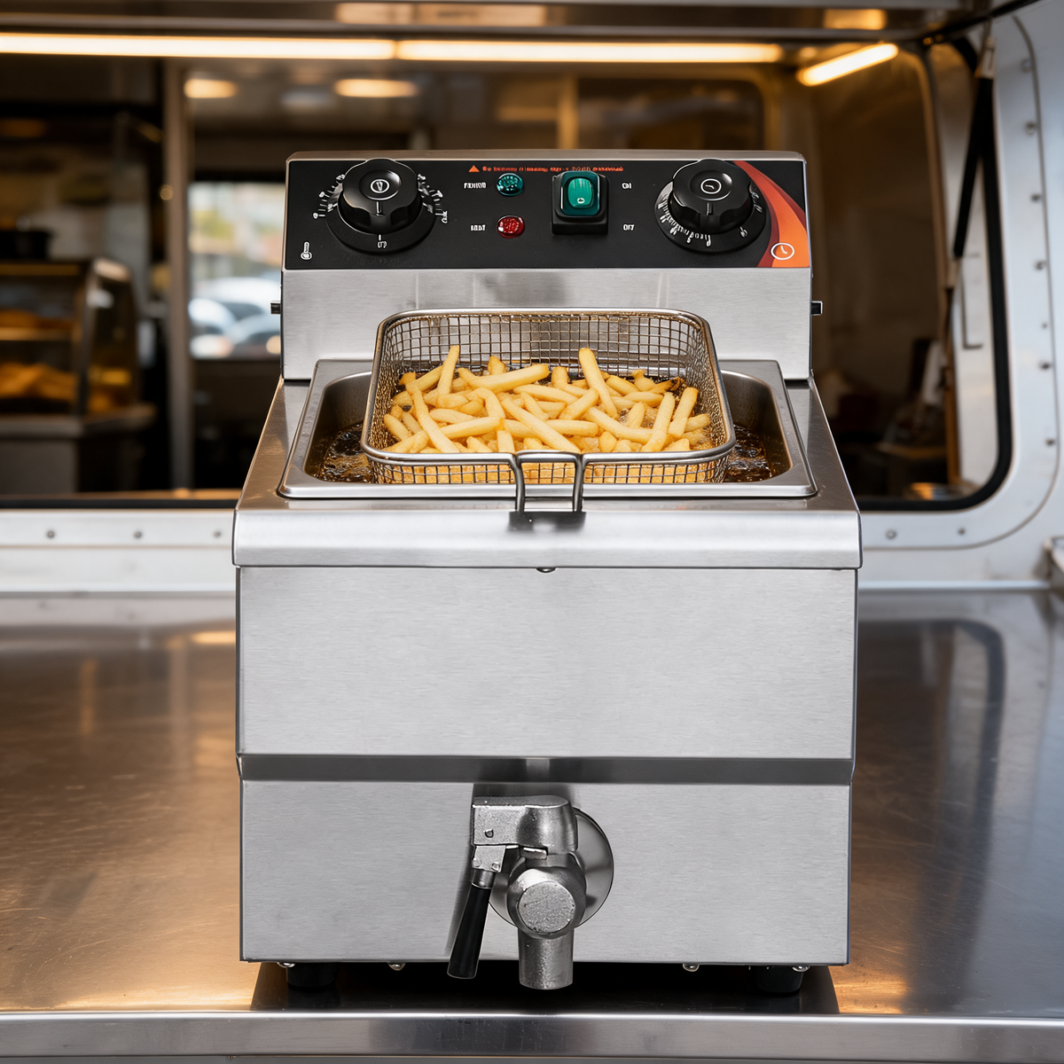 Freidora electrica de mostrador con papas en la barra de un food trailer
