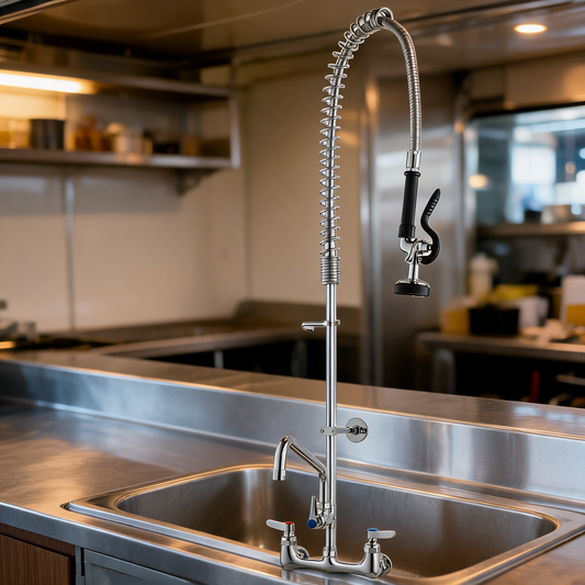 Llave industrial de fregadero en la zona de lavado de un food trailer