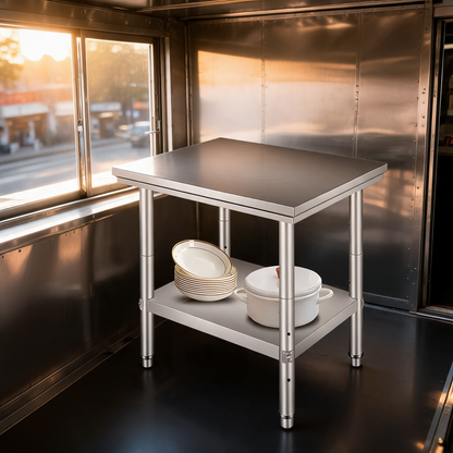 Mesa de preparacion de acero inoxidable en un food trailer