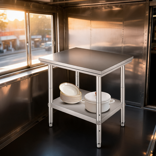 Mesa de preparacion de acero inoxidable en un food trailer