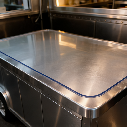 Cubierta protectora transparente sobre la mesa de un food trailer