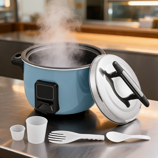 Arrocera comercial de 60 tazas en la barra de un food trailer