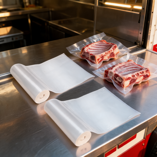 Rollos para empacadora al vacio en la cocina de un food trailer