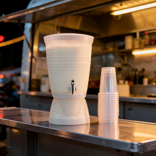 Dispensador de bebidas con camara de hielo en la barra de un food trailer