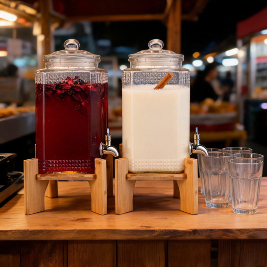 Dispensadores de bebidas de vidrio en la barra de un food trailer