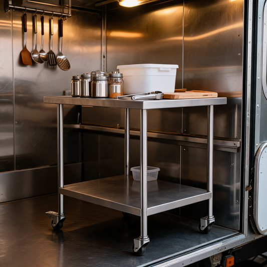 Mesa de trabajo con ruedas en la cocina de un food trailer