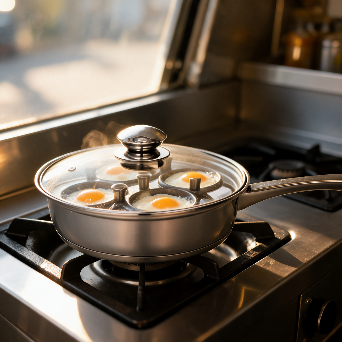 Sarten para huevos pochados en la hornilla de un food trailer