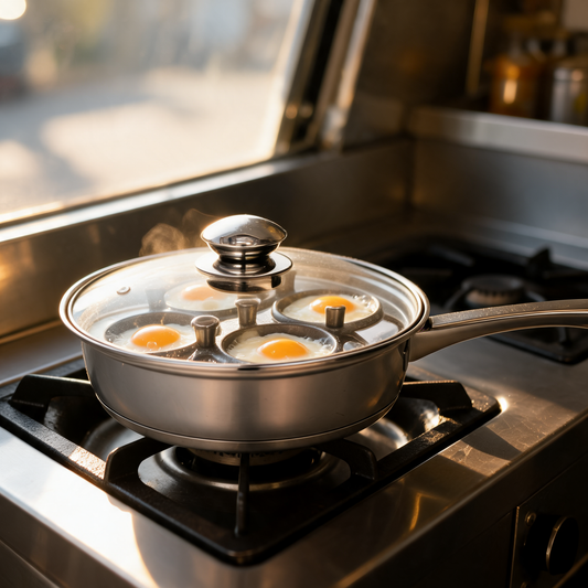 Sarten para huevos pochados en la hornilla de un food trailer
