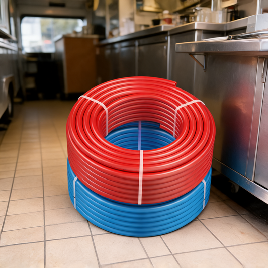 Rollos de tuberia PEX en la instalacion de un food trailer