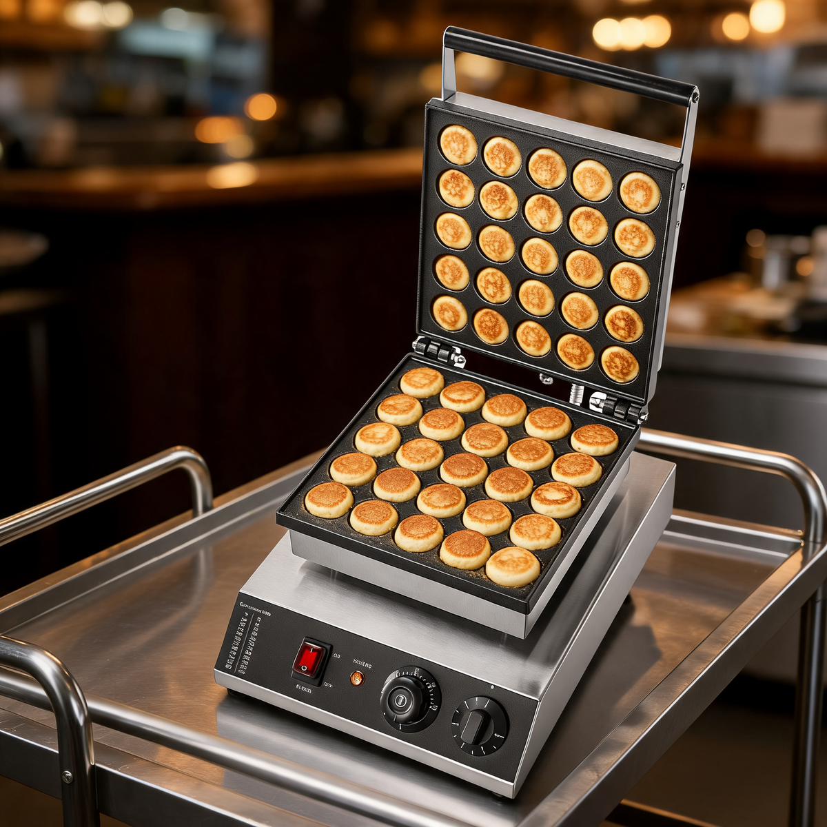 Maquina de mini pancakes en la barra de un food trailer