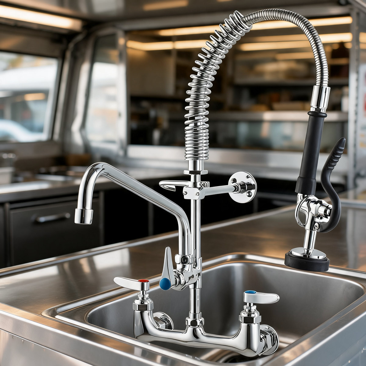 Llave de cocina de laton sobre la tarja de un food trailer
