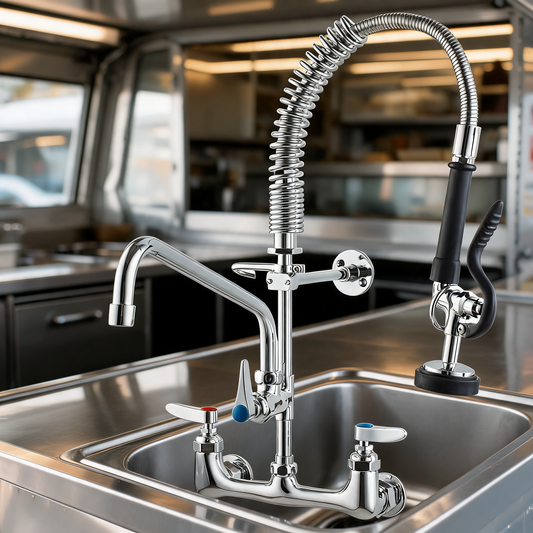 Llave de cocina de laton sobre la tarja de un food trailer