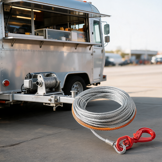 Cable de acero para malacate en la lanza de un remolque de comida
