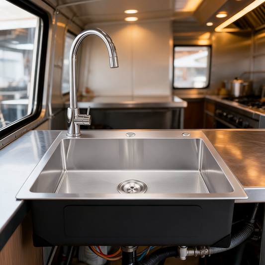 Tarja de acero inoxidable instalada en un food trailer
