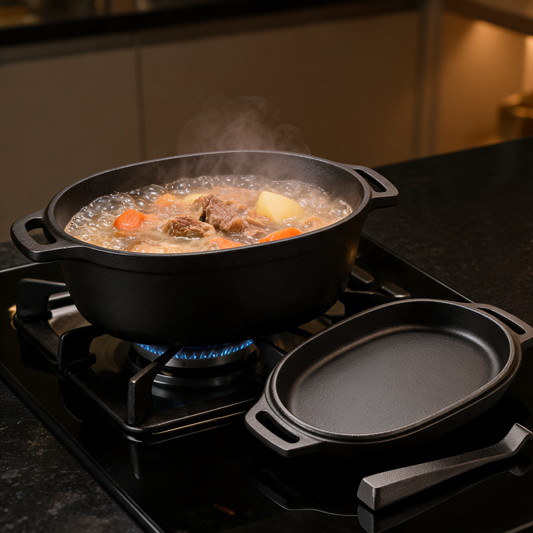 Olla de hierro fundido esmaltado en la hornilla de un food trailer