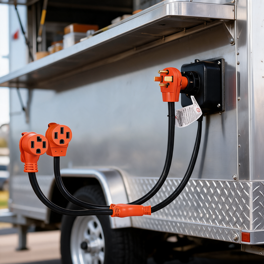 Adaptador divisor conectado a la entrada electrica de un remolque de comida