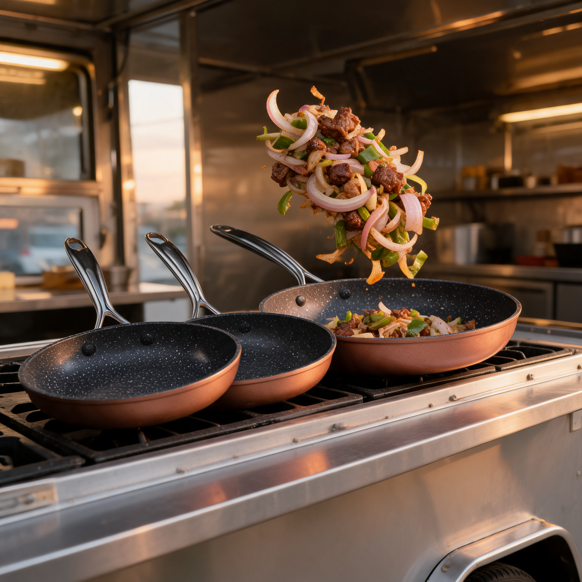 Juego de sartenes de aluminio en la cocina de un food trailer