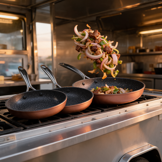 Juego de sartenes de aluminio en la cocina de un food trailer