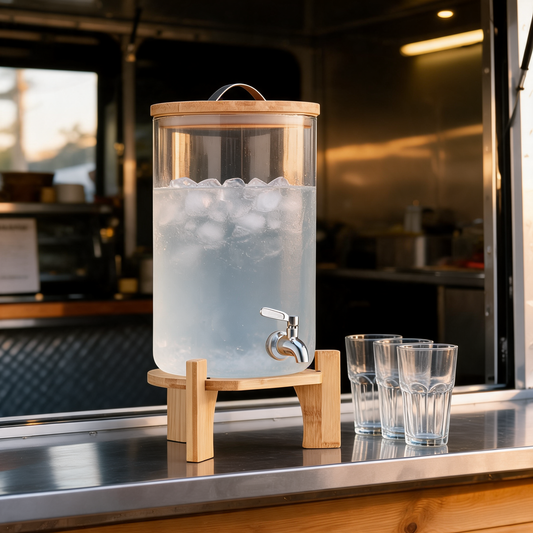 Dispensador de bebidas con base de madera en la barra de un food trailer
