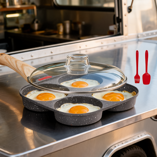 Sarten para huevos de 4 cavidades en la plancha de un food trailer