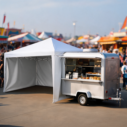 Paredes laterales de carpa junto a un remolque de comida en una feria
