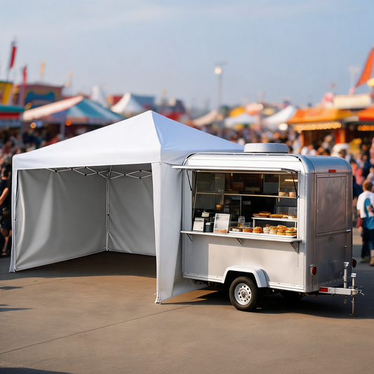Paredes laterales de carpa junto a un remolque de comida en una feria
