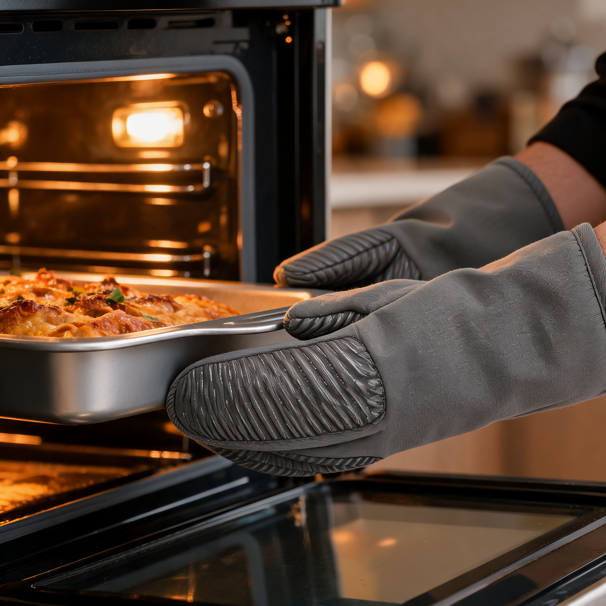 Guantes de cocina en uso dentro de un food trailer